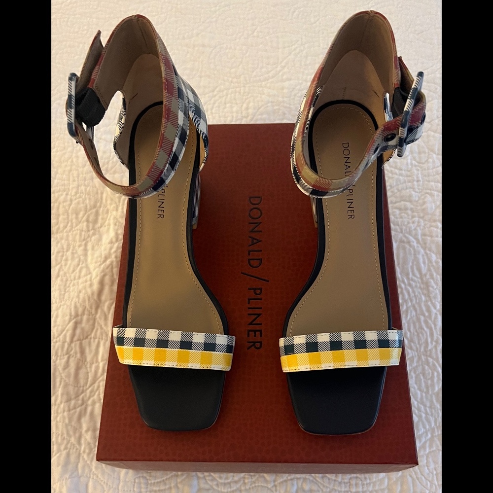 Donald J. Pliner RESORT Gingham Heeled Ankle Strap Sandal, New In Box Size 8